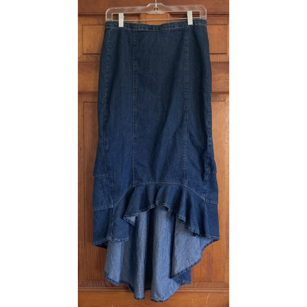 K Jordan Womens 6 Denim Hi-Low Mermaid Skirt Layered Ruffle Back MUST SEE - Picture 1 of 8